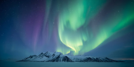 Aurora borealis, northern lights over mountains in the winterの素材