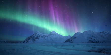 Aurora borealis, northern lights over snowy mountains in winterの素材