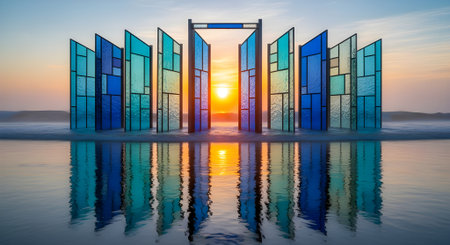 Reflection of entrance doors in the sea at sunrise, 3d renderingの素材