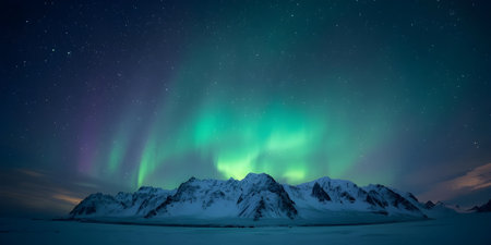 Aurora borealis, northern lights over snowy mountains in winterの素材
