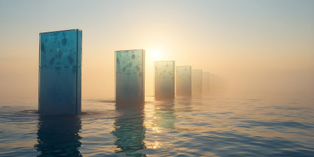 3d illustration of a bridge in the sea at sunrise with reflectionの素材