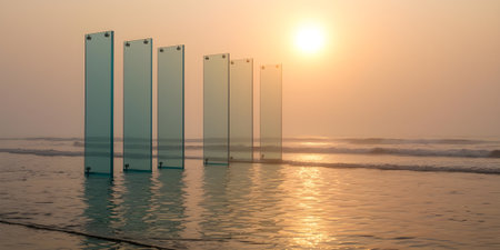 beach cabins with reflection in the sea at sunset time.の素材