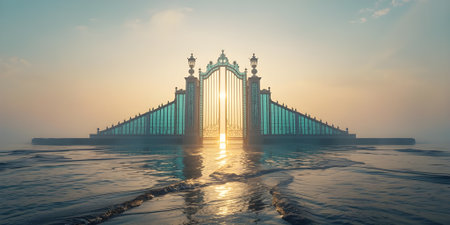 3d rendering of a bridge in the middle of the sea at sunsetの素材