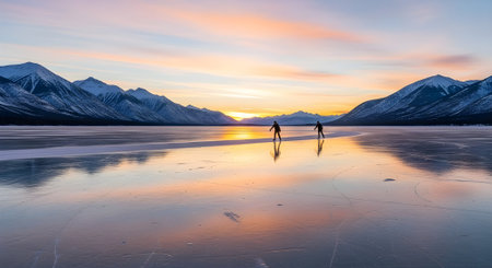 Man and woman on frozen lake at sunset. Winter in Alaska.の素材