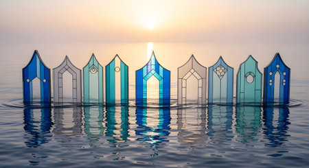 3d illustration of a row of blue doors in the sea at sunsetの素材