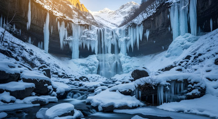 Winter landscape with frozen waterfall and icicles, Iceland, Europe.の素材