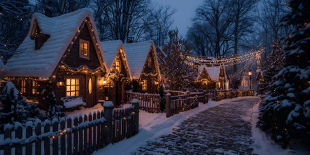 Beautiful winter village in the evening. The village is decorated for Christmas.の素材