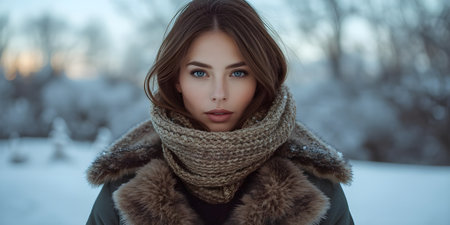 Portrait of a beautiful young woman in the winter forest. Winter fashion.の素材
