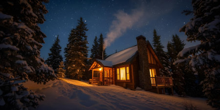 Cottage in the forest at night in the mountains. Winter landscape.の素材