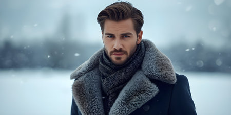 Winter fashion. Handsome young man in coat and scarf looking away while standing outdoorsの素材