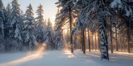 Winter landscape with snowy fir trees in the forest at sunset. Beautiful nature background.の素材