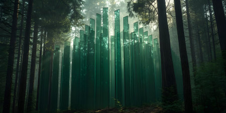 3D illustration of a beautiful green forest with tall trees and fogの素材