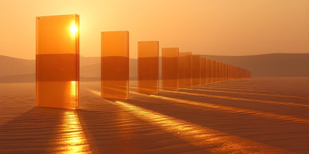 3D illustration of a desert landscape at sunset with a line of doorsの素材