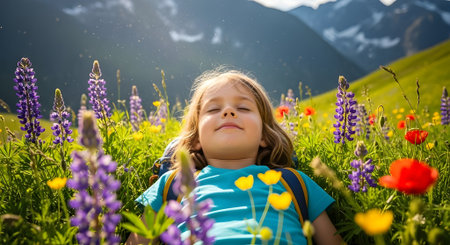 Cute little girl on the meadow with lupine flowersの素材