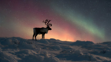 Northern lights over a reindeer in the snow. 3d renderingの素材