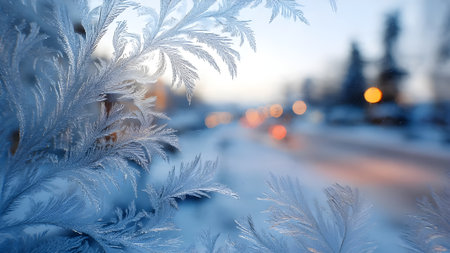 Frosty natural pattern on the window of a car in winterの素材