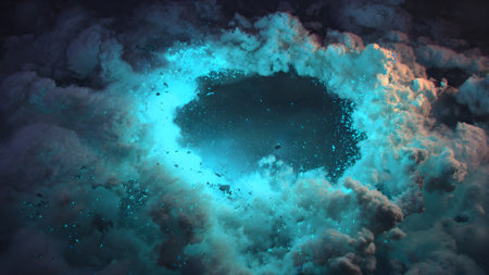 A captivating abstract background features a dynamic blue explosion of light and sparkling particles. It is enveloped by swirling dark smoke clouds with subtle hints of orange, creating a powerful and energetic visual.の素材