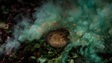 A mysterious ancient artifact rests on a mossy forest floor, surrounded by vibrant green smoke and shimmering golden sparks. This ethereal scene evokes themes of magic, mystery, and forgotten power.の素材