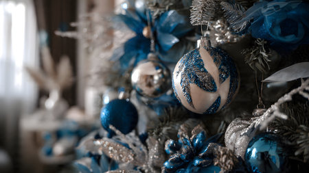 Decorated Christmas tree with blue and silver baubles.の素材