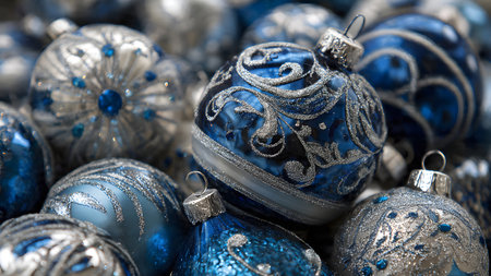 Close up of blue christmas baubles as a background.の素材