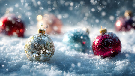 Colorful christmas balls on snow with snowflakes and bokeh effectの素材