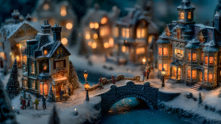 Miniature city at night. Small town in winter. Christmas and New Year concept.の素材
