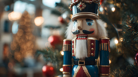 Nutcracker on Christmas tree background. Christmas and New Year concept.の素材