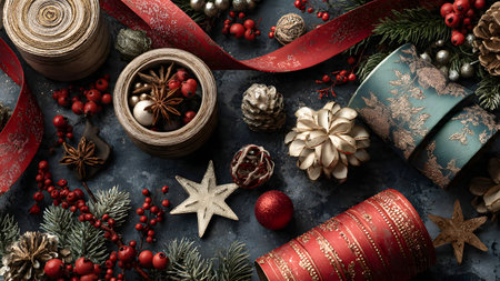 Christmas decoration on rustic background. Top view with copy space.の素材