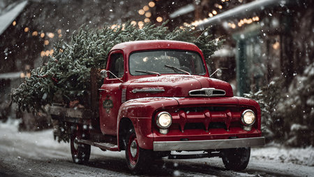 Vintage red car with christmas tree on snowfall background.の素材