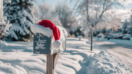 Red Santa Claus hat on a mailbox in a snowy winter landscape.の素材