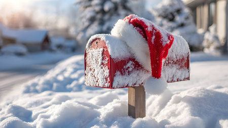Red mailbox in the snow in winter. Christmas postbox in the snow.の素材