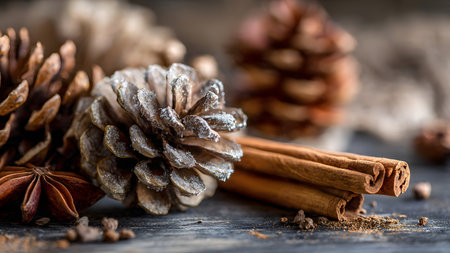 Pine cones and cinnamon sticks on rustic wooden table, selective focusの素材