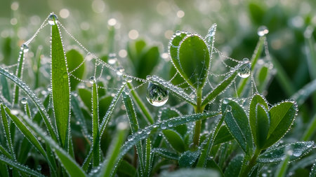 Dew drops on a blade of grass in the morning dewの素材