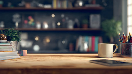 Close up of a wooden table with a cup of coffee and booksの素材
