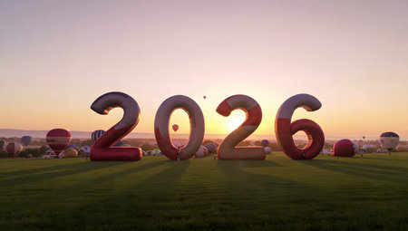 Hot air balloons in the shape of the number 2016 on a green field.の素材