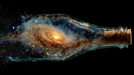 Cosmic galaxy in a bottle on black background. 3D renderingの素材