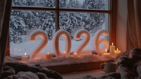 Happy New Year 2020. Candles and Christmas tree decorations on the windowsill.の素材