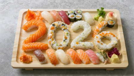 Sushi set in a wooden plate on a gray background, top viewの素材