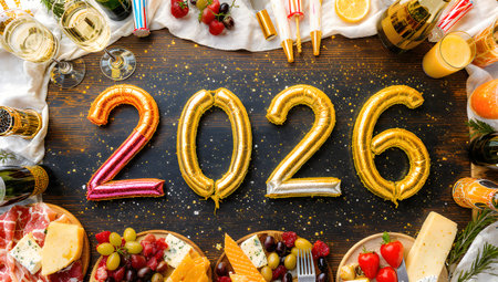 New Year's Eve celebration with champagne, cheese, crackers and fruitsの素材