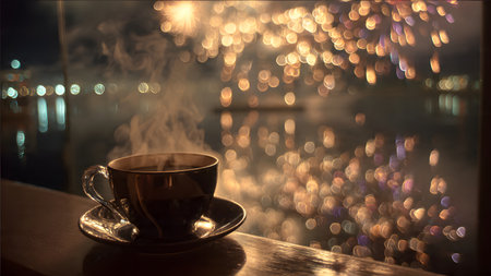 Cup of coffee on the wooden table with beautiful bokeh backgroundの素材