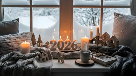 A charming winter scene features a window sill decorated with glowing candles forming the year '2026', wooden figures, and soft knitted textiles. A steaming mug offers warmth while outside, snow blankets a serene forest, creating a perfect cozy holiday atmosphere.の素材