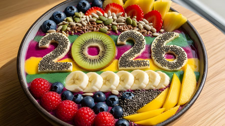 A vibrant and delicious fruit smoothie bowl celebrates the New Year 2026 with an artistic arrangement of fresh ingredients. This nutritious breakfast represents healthy resolutions and a fresh start, filled with an abundance of colorful fruits and superfoods.の素材