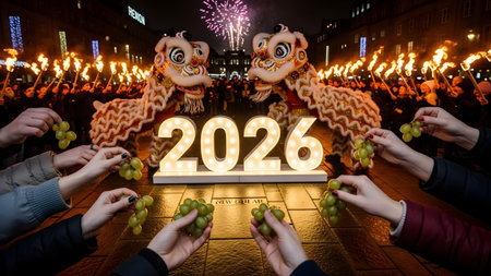 People gather for a vibrant New Year's celebration, with traditional lion dancers and sparkling fireworks illuminating the night sky. Hands hold green grapes around glowing 2026 numbers, symbolizing hope and prosperity for the future.の素材