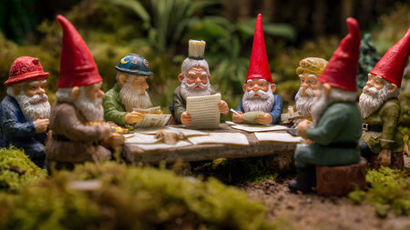 A group of miniature garden gnomes are gathered around a small wooden table, intensely reviewing documents and discussing important matters. This whimsical scene captures a moment of serious contemplation in an enchanting, moss-covered woodland.の素材