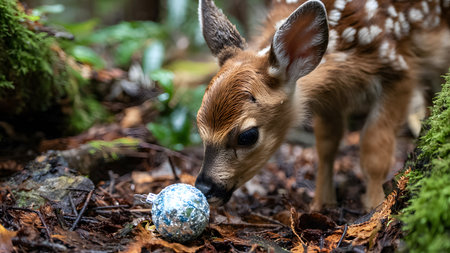 A charming young fawn, with its distinctive spotted fur, investigates a sparkling blue Christmas ornament nestled among fallen leaves and vibrant green moss in a serene forest. This enchanting scene captures a moment of innocent discovery and the unexpected intersection of wildlife with festive cheer.の素材