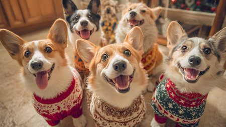A cheerful group of corgi dogs, dressed in various holiday-themed sweaters, gazes happily upwards, their tongues playfully out. This heartwarming scene captures the joyous and festive spirit of the season with beloved canine companions.の素材