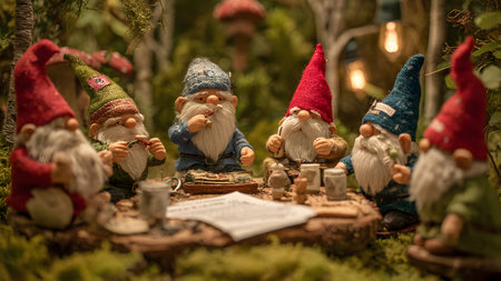 Five charming garden gnomes with colorful hats and long white beards are depicted in a deep discussion around a small table within a magical, moss-covered forest. This whimsical scene evokes a sense of secret folklore and playful strategy in a cozy, miniature world.の素材