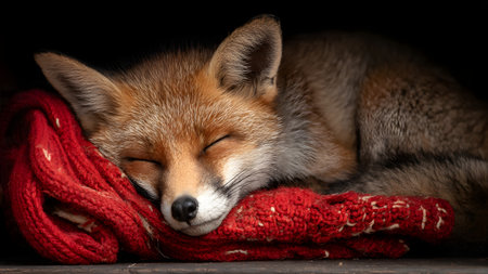 A beautiful red fox is captured in a serene moment, fast asleep on a textured, bright red knitted blanket. The dark background emphasizes the warmth and peacefulness of this gentle animal resting comfortably.の素材