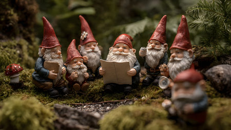 A charming group of six garden gnomes, wearing traditional red hats and sporting white beards, are depicted gathered on a vibrant mossy forest floor. Some gnomes are holding books or papers, suggesting a story time or meeting in their miniature world, alongside a small red mushroom.の素材