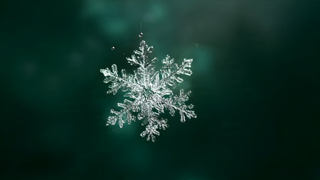 Snowflake on a dark green background. Snowflakes macro.の素材
